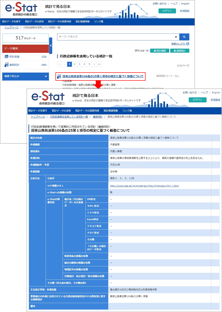 一覧の統計の名称をクリックし、業務統計の詳細画面を表示します