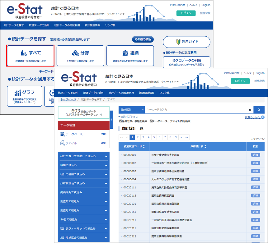 すべて（政府統計一覧）から探すをクリック
