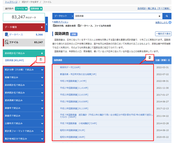 画面左側の絞り込み条件や検索結果一覧のリンクを用いて、求めるデータに関連する絞り込み条件を追加していきます。