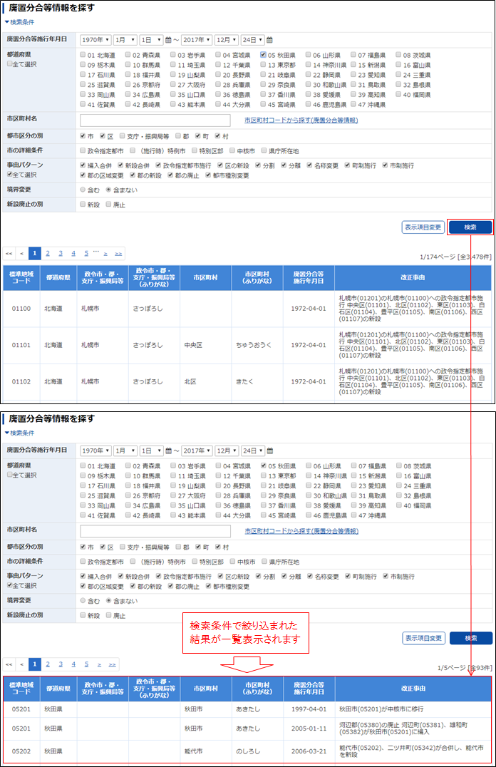 廃置分合等情報を探す