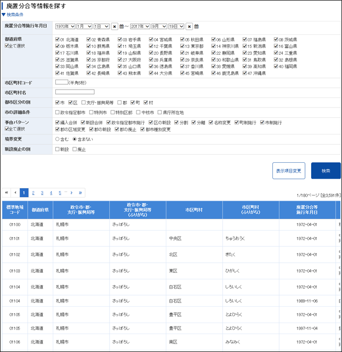 廃置分合等の情報一覧の例