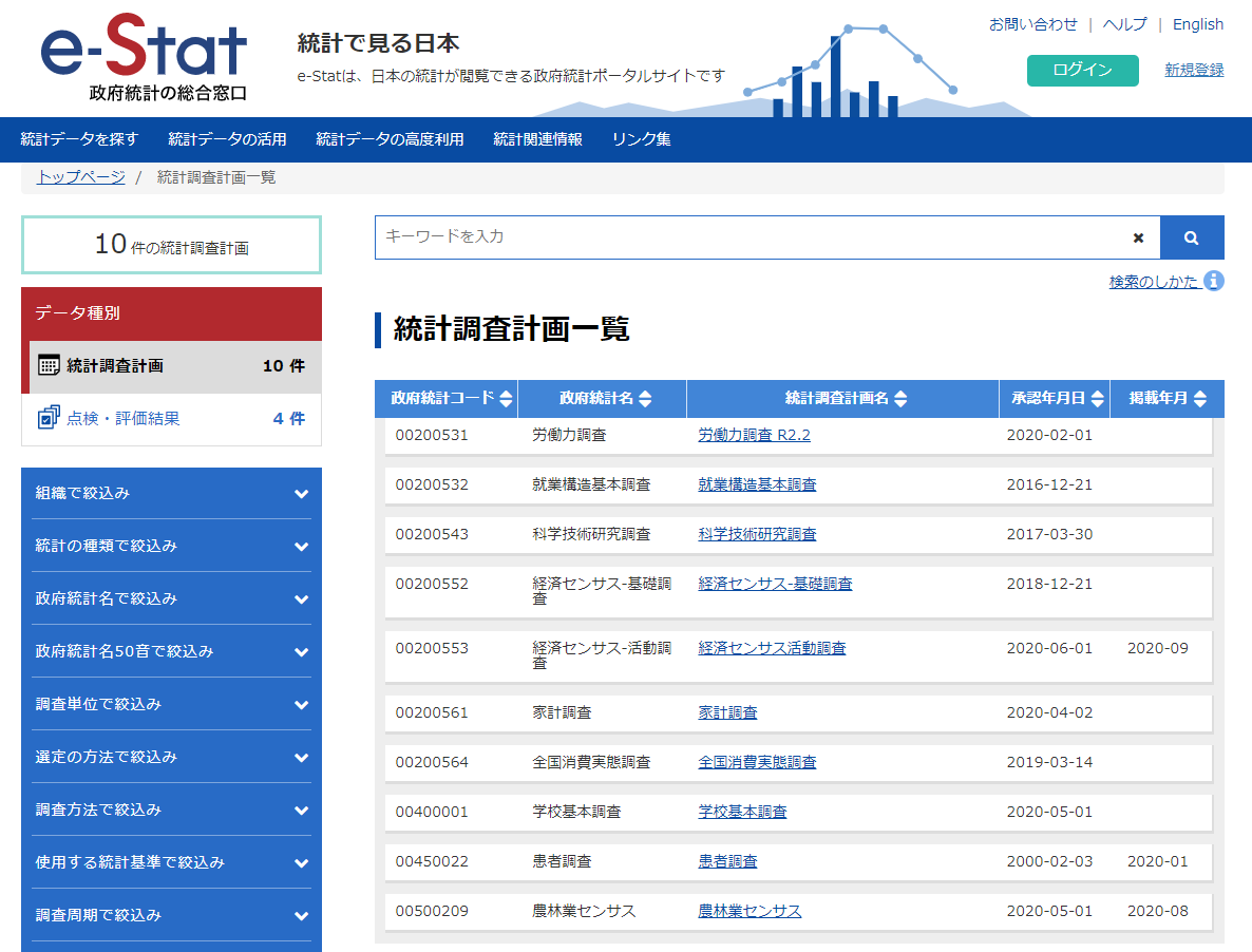 統計調査計画／点検・評価結果 統計調査計画一覧