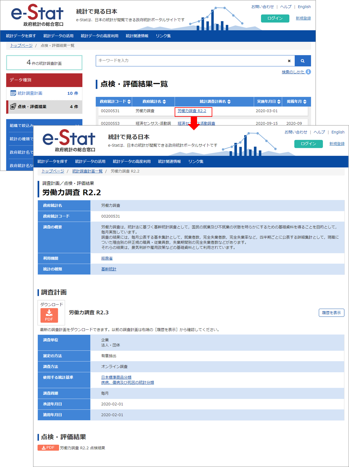 一覧の「統計調査計画名」をクリックし、統計調査計画／点検・評価結果の詳細画面を表示します